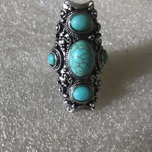 Turquoise Stone Silver-Tone Statement Ring - Blue